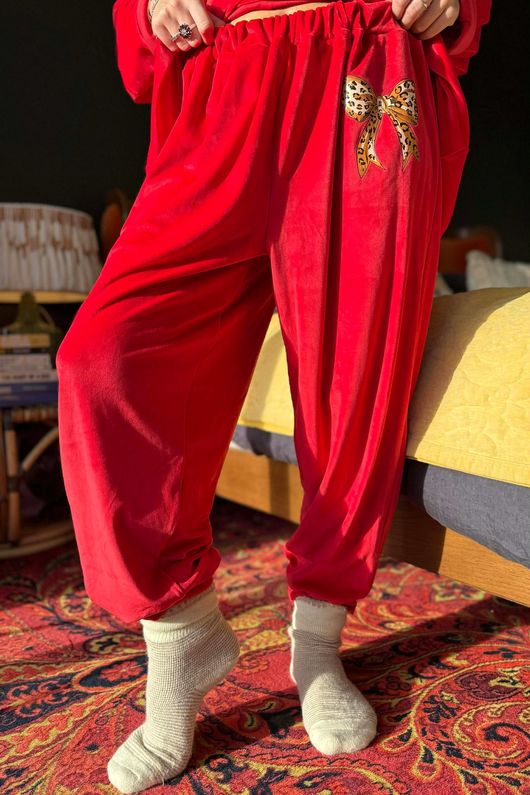 Binky Bow Soft Stretch Velour Lounge Suit Ruby